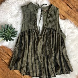 Green FREE PEOPLE Embroidered Swing Tank Top